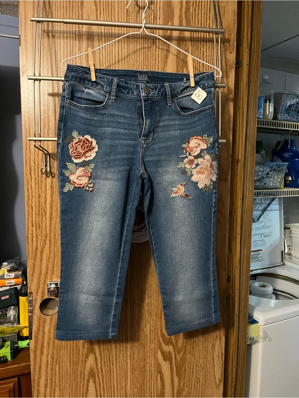 a.n.a Midwash Denim Capris with Pink Rose Embroidery